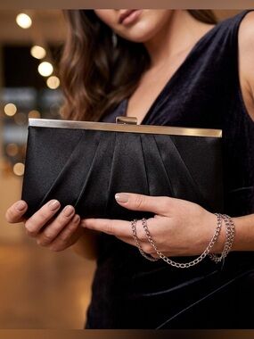 Gunne Sax Black Satin Evening Clutch with Silver Chain